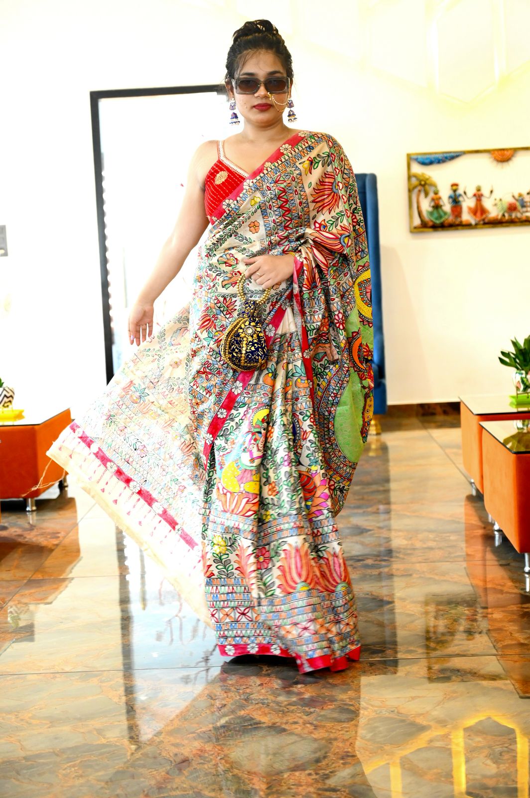 Lord Ganesha & Maa Lakshmi theam based painted saree