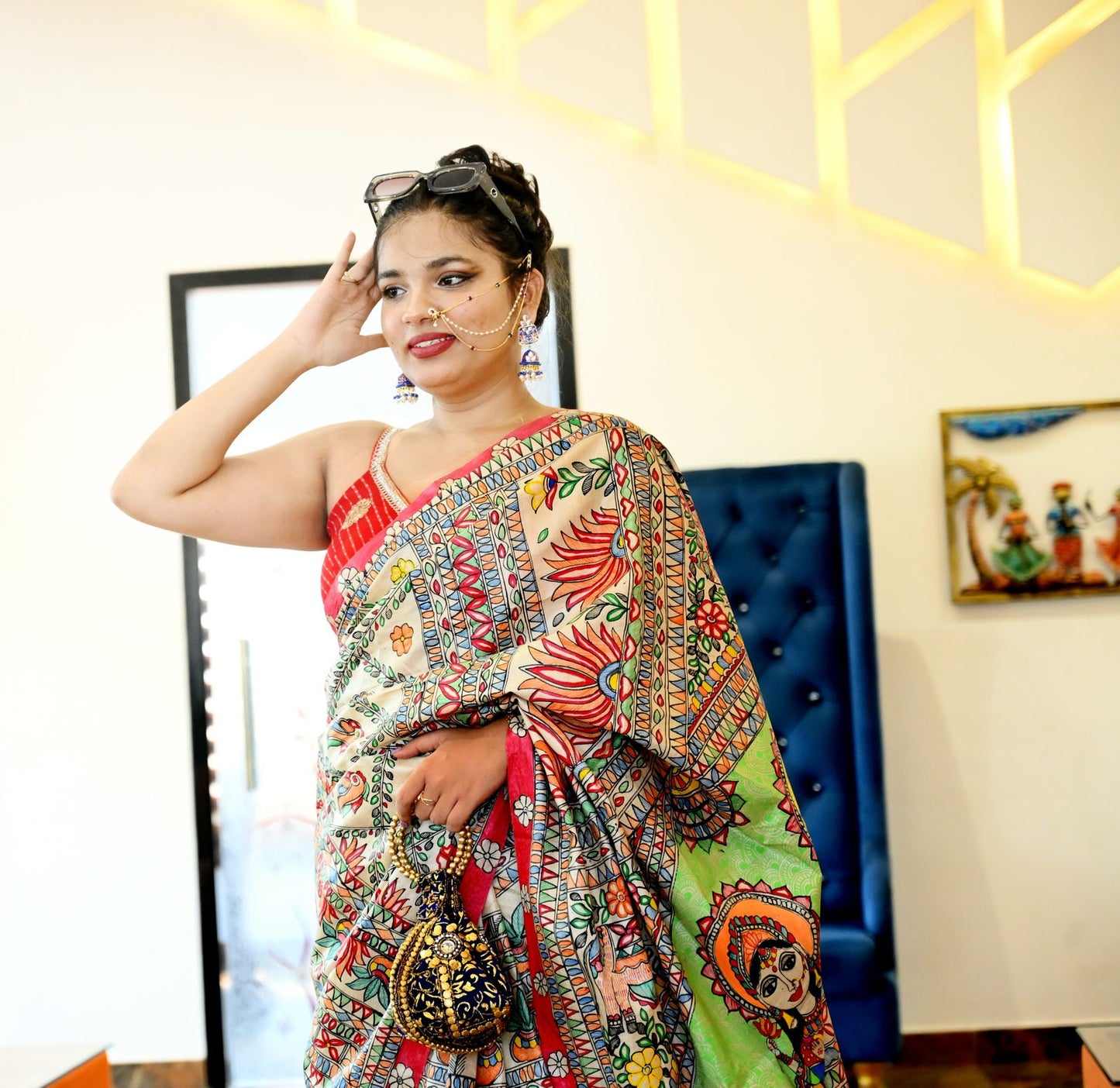 Lord Ganesha & Maa Lakshmi theam based painted saree