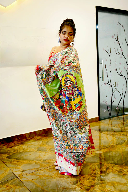 Madhubani Ganesh-Lakshmi Kosa Silk Saree with customised two set  Blouse Piece