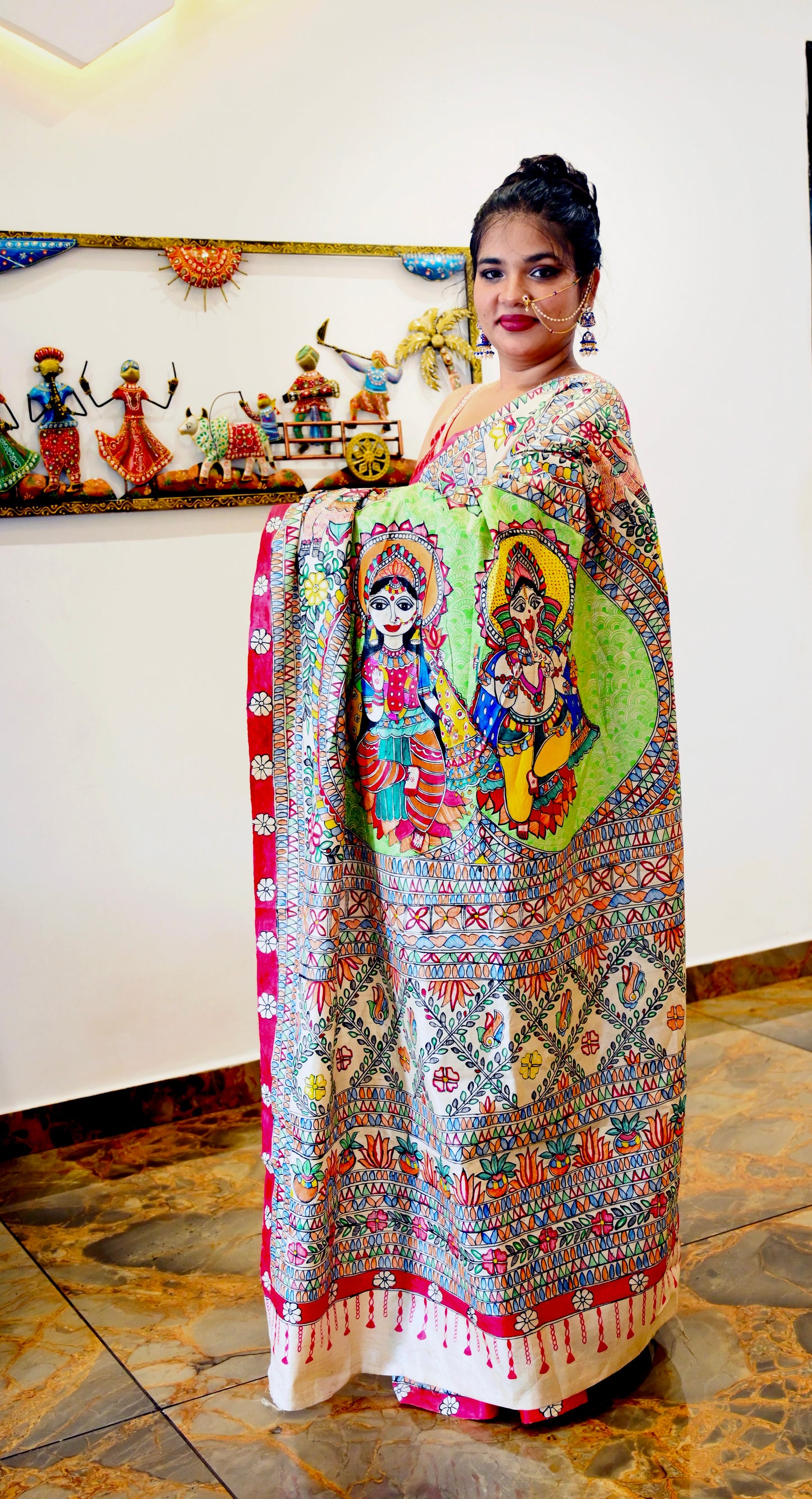 Madhubani Ganesh-Lakshmi Kosa Silk Saree with customised two set  Blouse Piece