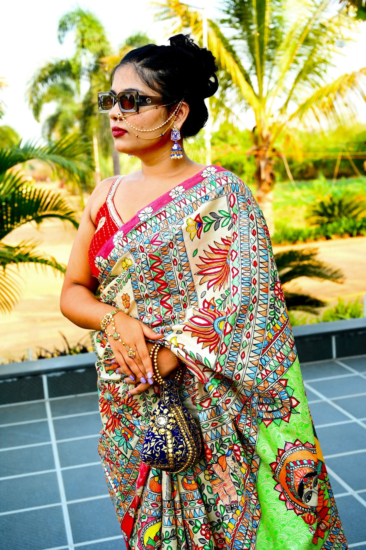 Madhubani Ganesh-Lakshmi Kosa Silk Saree with customised two set  Blouse Piece