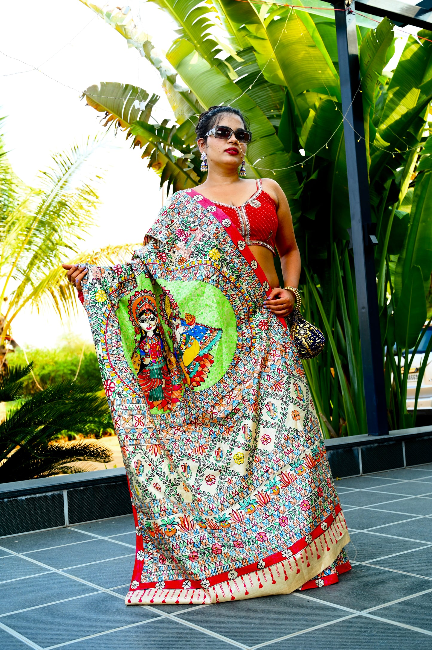 Madhubani Ganesh-Lakshmi Kosa Silk Saree with customised two set  Blouse Piece