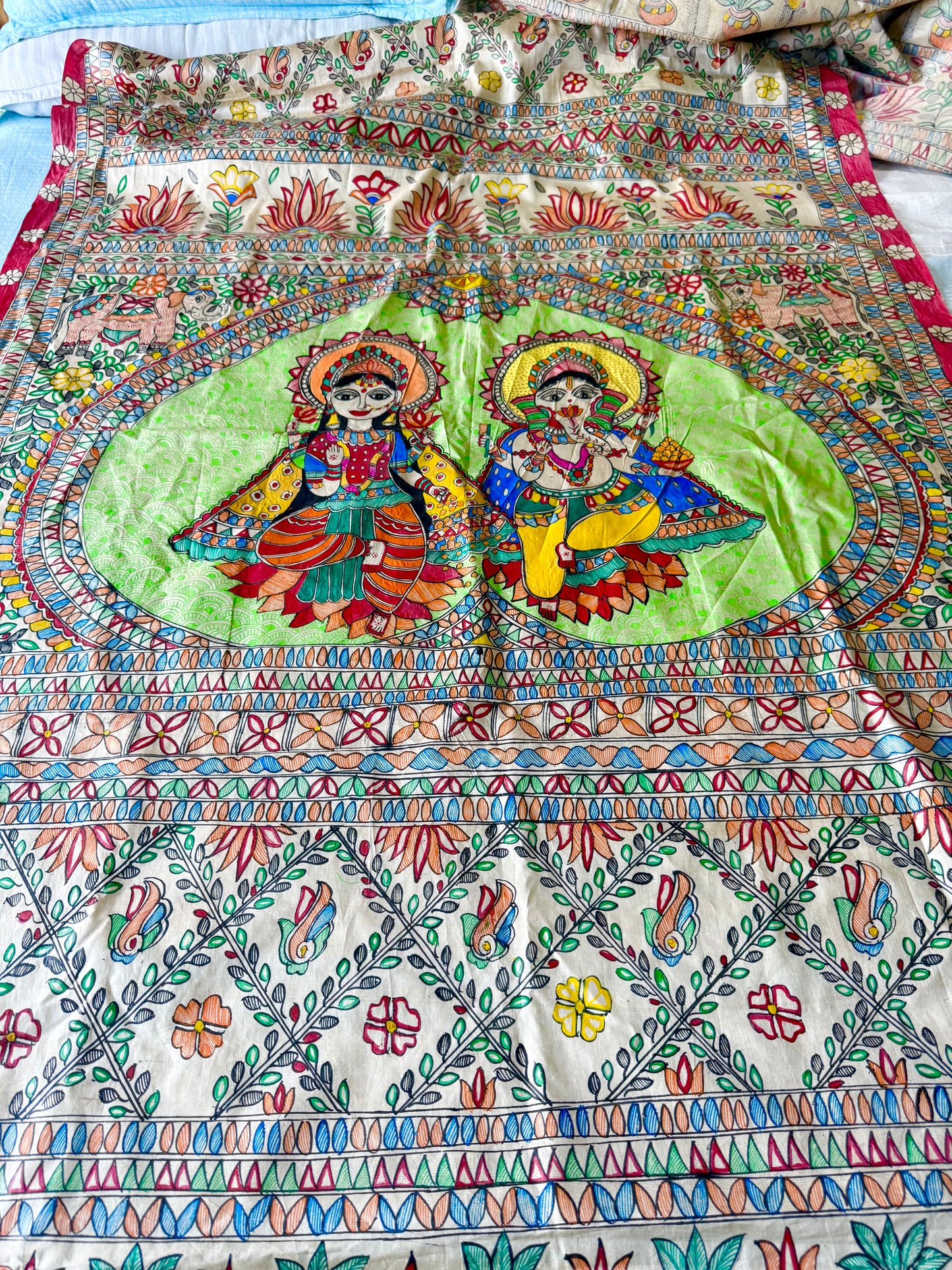 Madhubani Ganesh-Lakshmi Kosa Silk Saree with customised two set  Blouse Piece