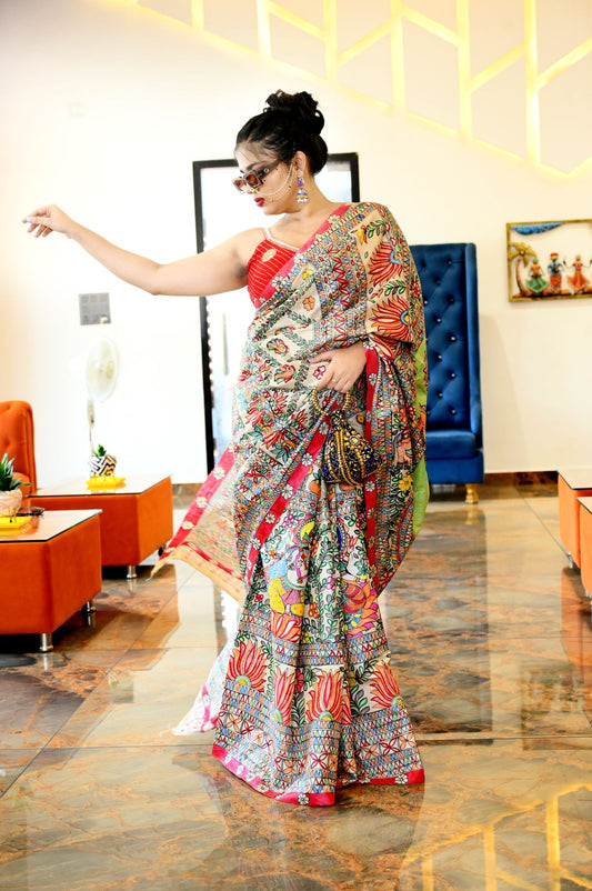Lord Ganesha & Maa Lakshmi theam based painted saree