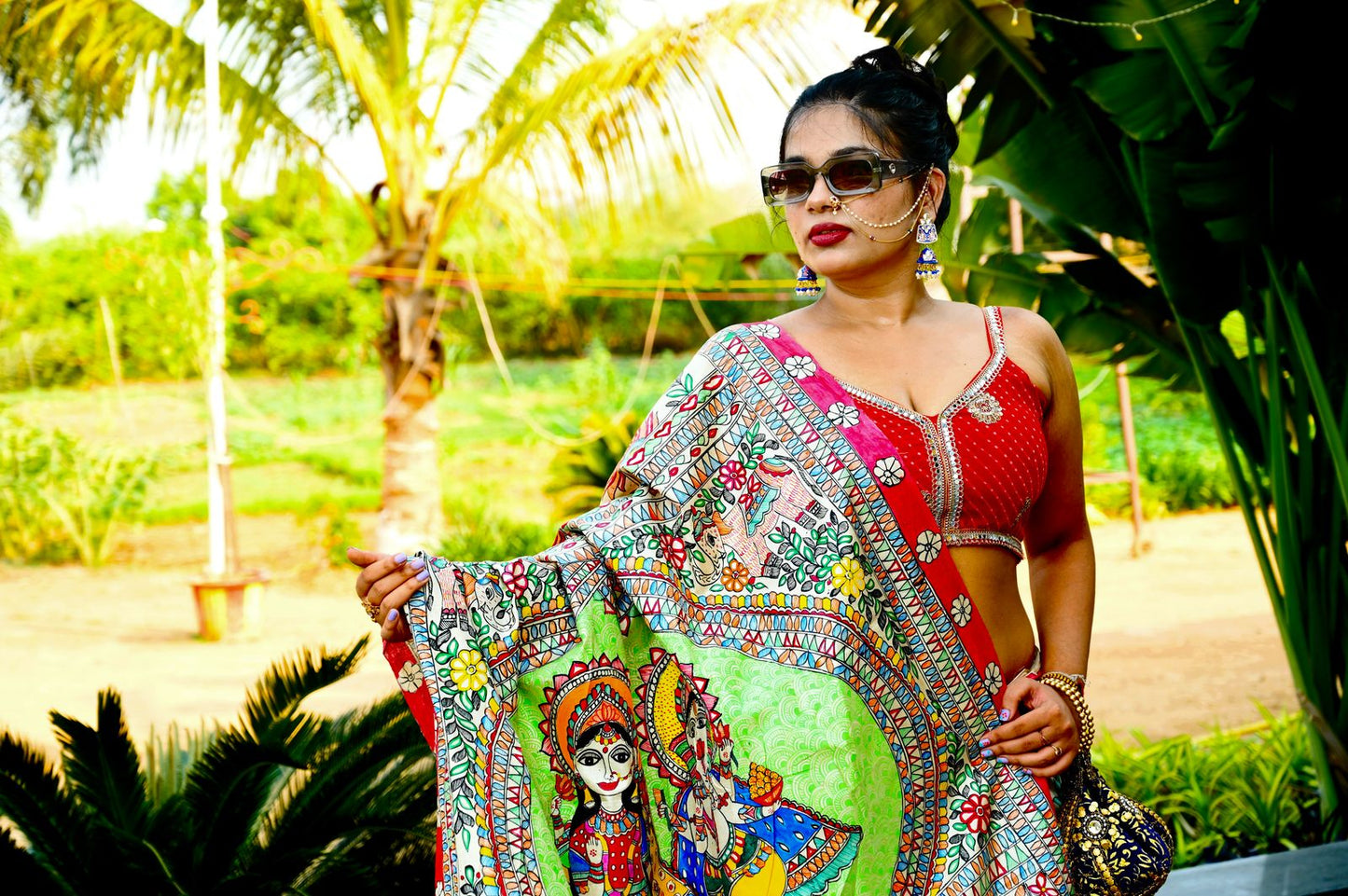 Lord Ganesha & Maa Lakshmi theam based painted saree